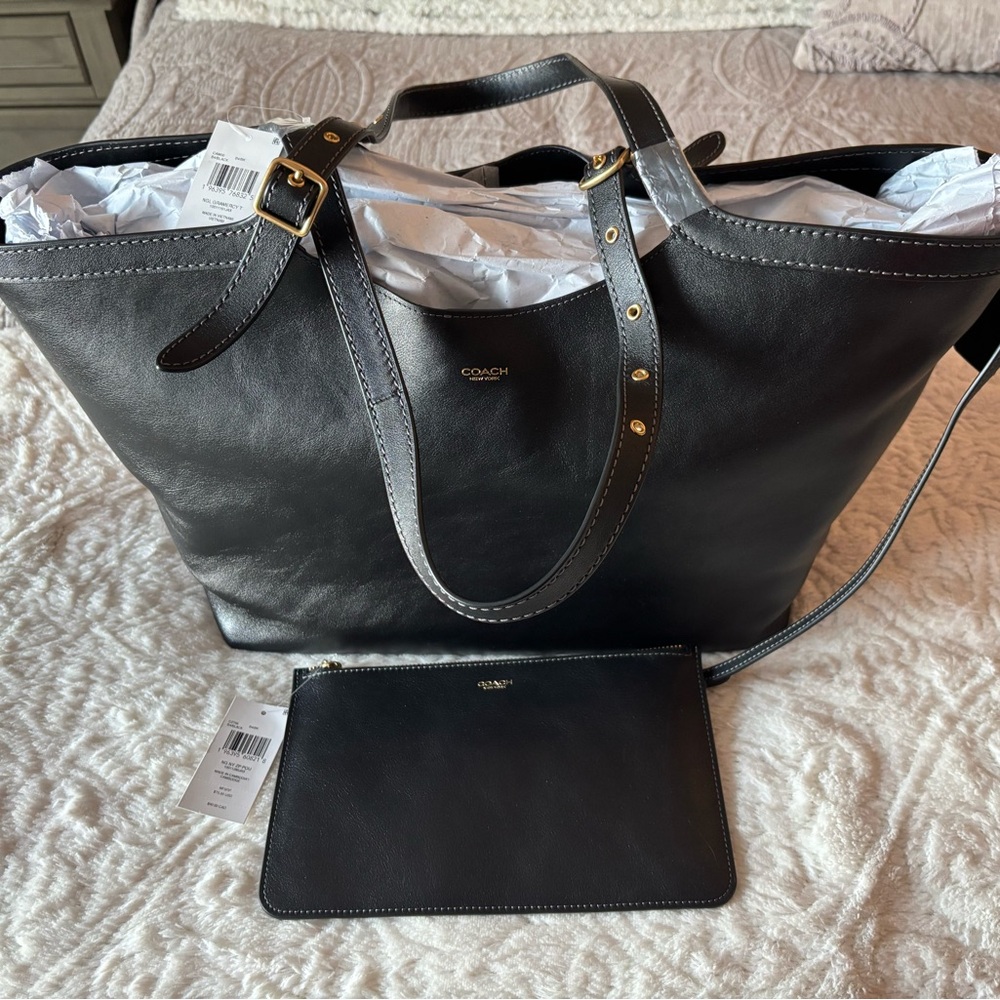 NWT Coach Gramercy Tote in Black/Gold + New York Zip Pouch in Black/Gold